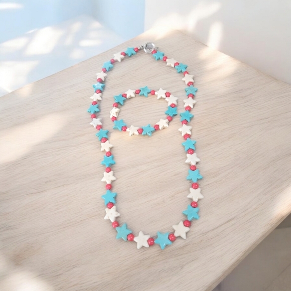 Jewelry - Patriotic Turquoise and White Star Necklace and Bracelet set with red beads
